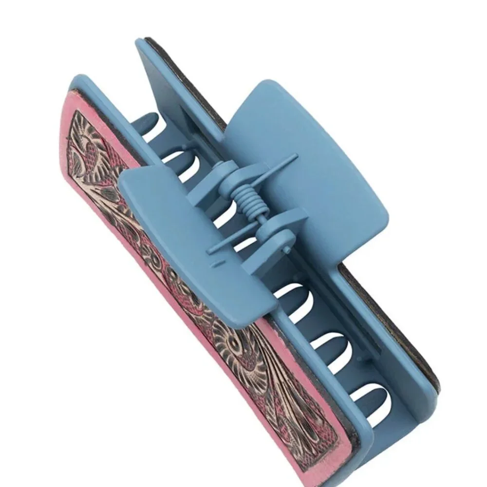 Myra Hair Comb Clip Hand-tooled Leather Gray Blue and Pink 